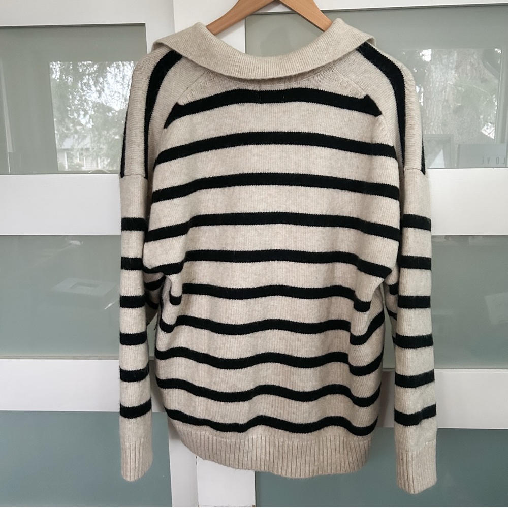 Beige and Black Striped Collared V-Neck Women's Sweater - Picture 2 of 4